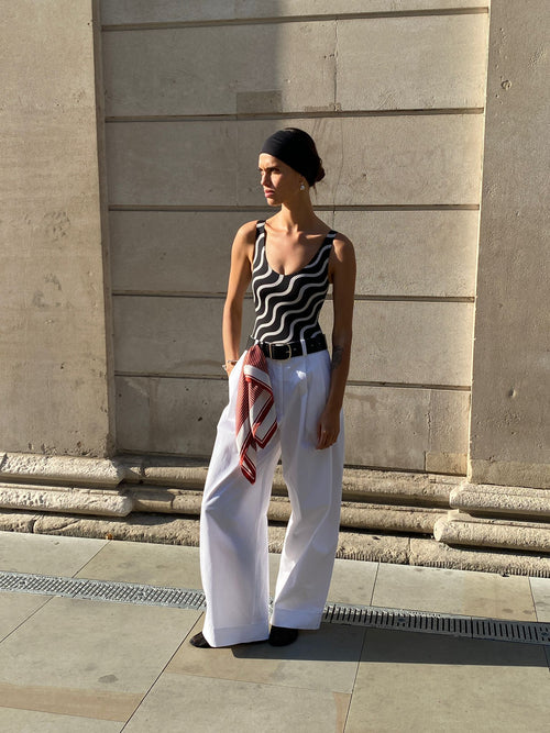 BERLIN - White Cotton Twill Pleated Trouser